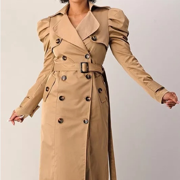 Double Breasted Puffed Shoulder Belted Trench Coat - Picture 4 of 8